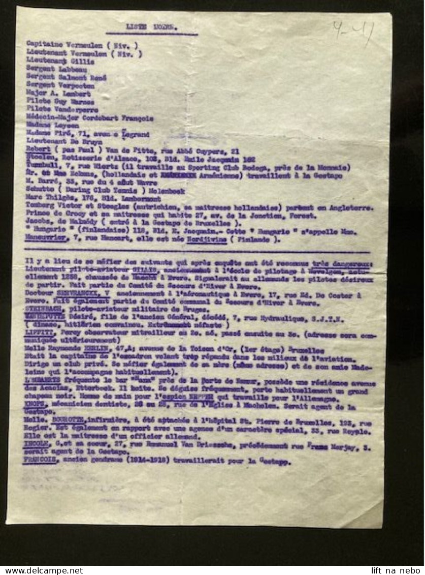 Tract Presse Clandestine Résistance Belge WWII WW2 'LISTE NOIRE' (Capitaine Vermeulen (Niv.)... Lieutenant...) - Documentos