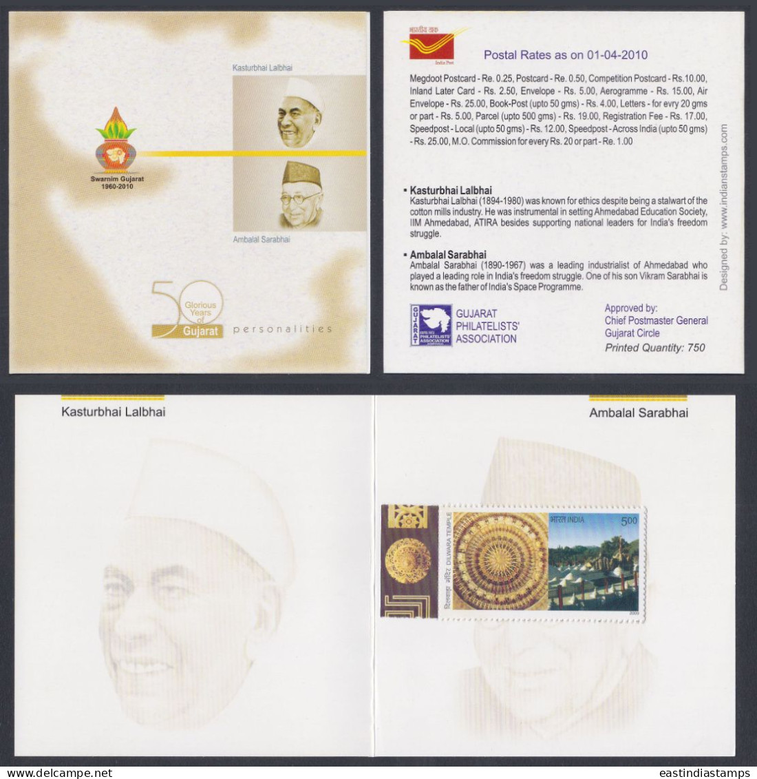 Inde India 2010 Mint Stamp Booklet Gujarat, Ambalal Sarabhai, Kasturbhai Lalbhai, Industrialist, Philanthropist - Otros & Sin Clasificación