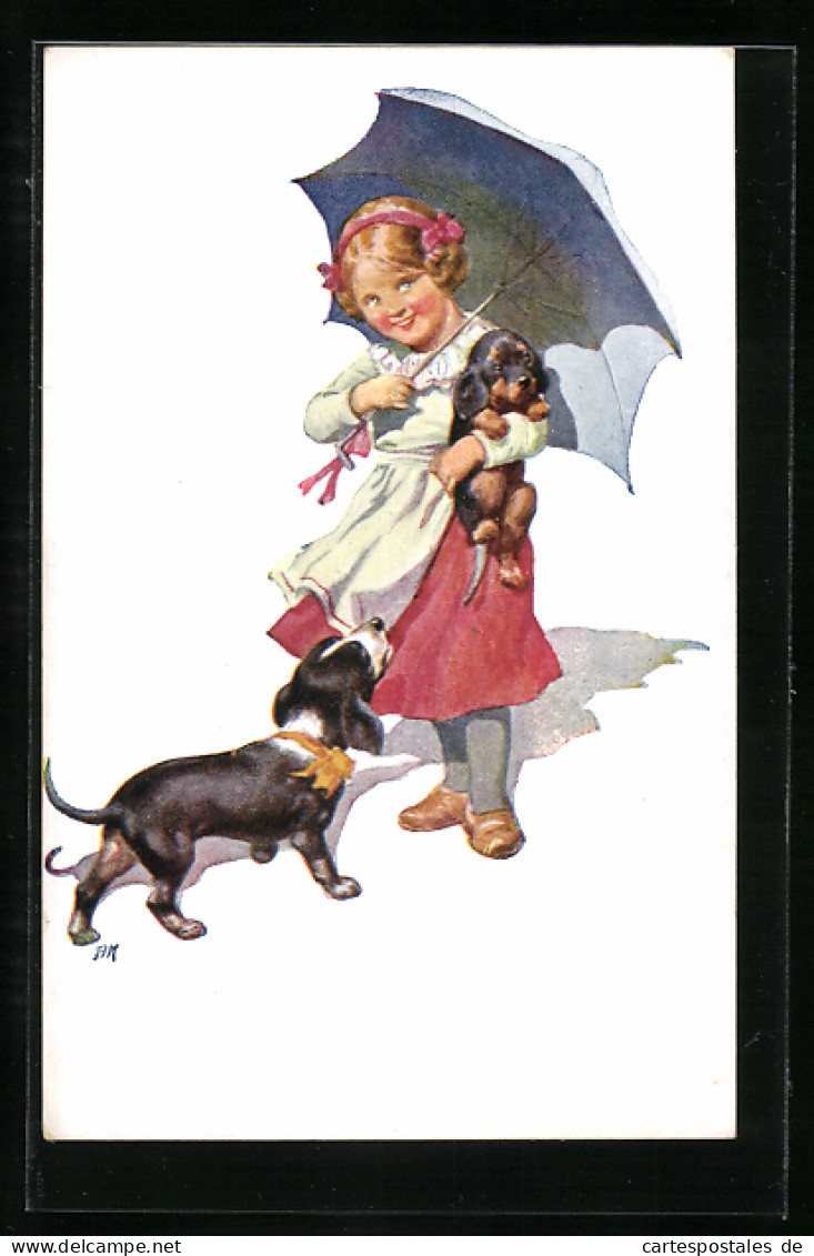 AK Kleines Mädchen Mit Dackelwelpen Und Dackelmutter  - Honden