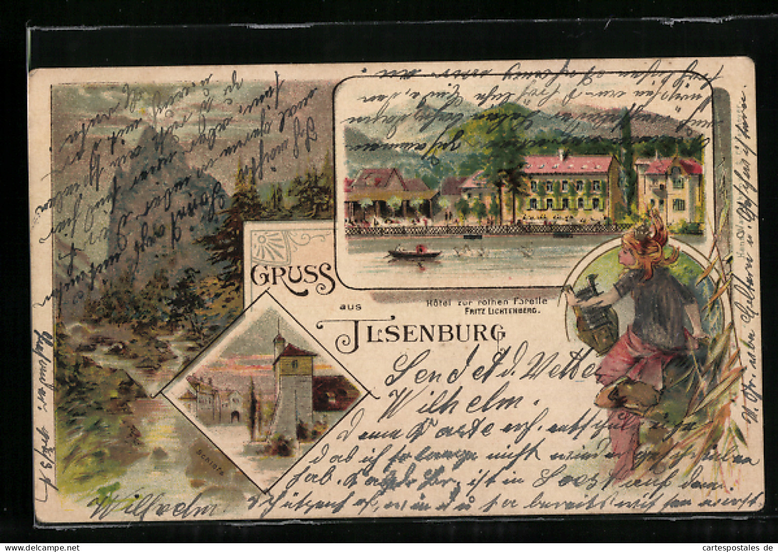 Lithographie Ilsenburg, Hotel Zur Rote Forelle, Hübsche Frau Mit Lyra, Ortsansicht  - Ilsenburg