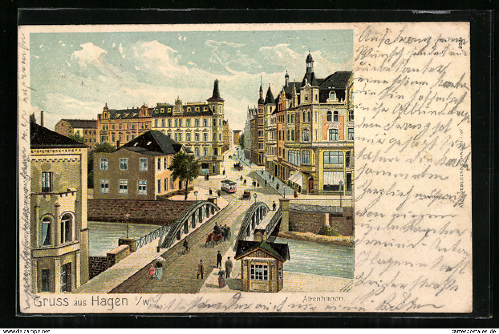 Lithographie Hagen I. W., Strassenpartie Mit Brücke Am Altenhagen  - Hagen