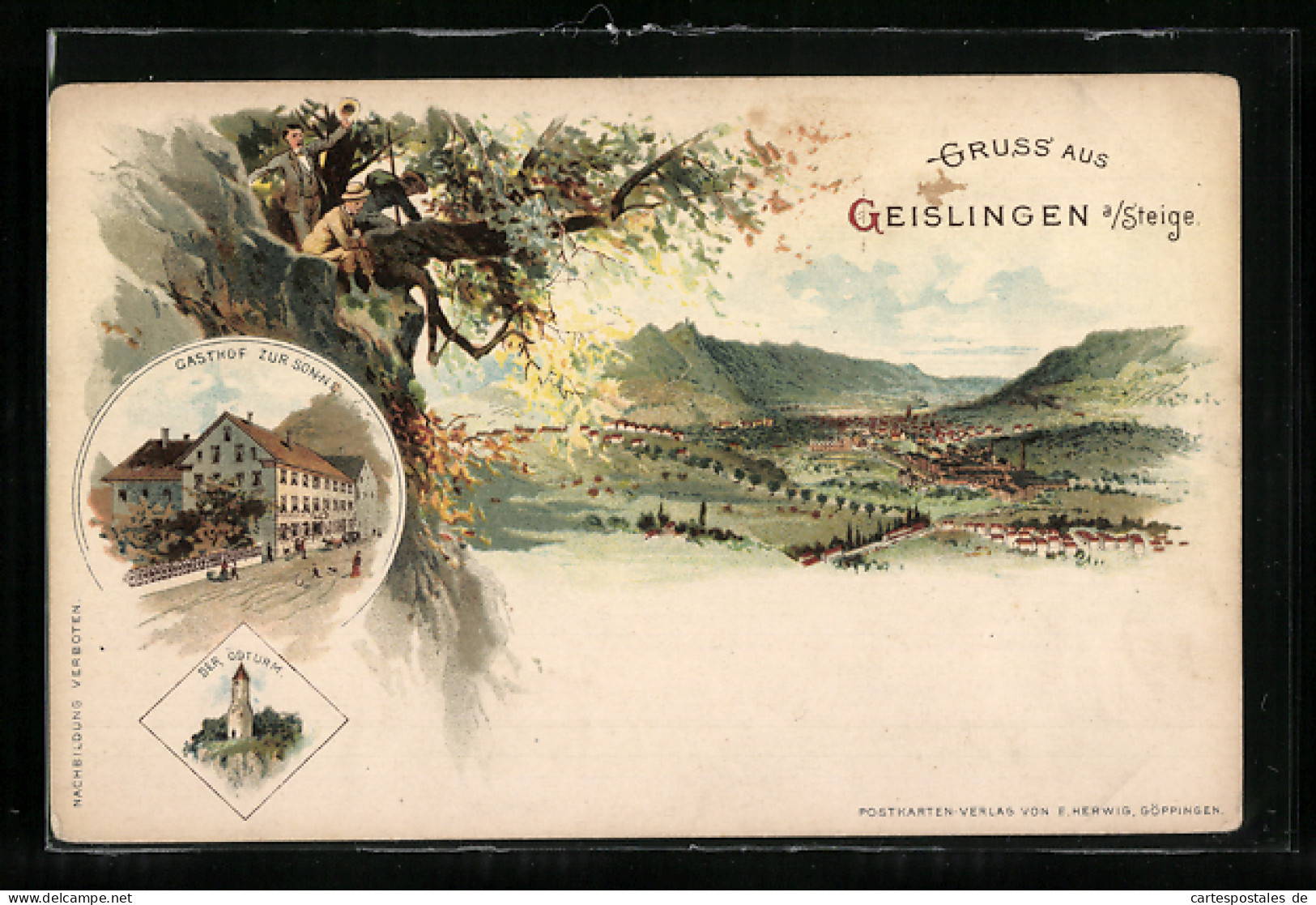 Lithographie Geislingen /Steige, Gesamtansicht Mit Umgebung Aus Der Vogelschau, Gasthaus Zur Sonne Mit Strasse  - Geislingen
