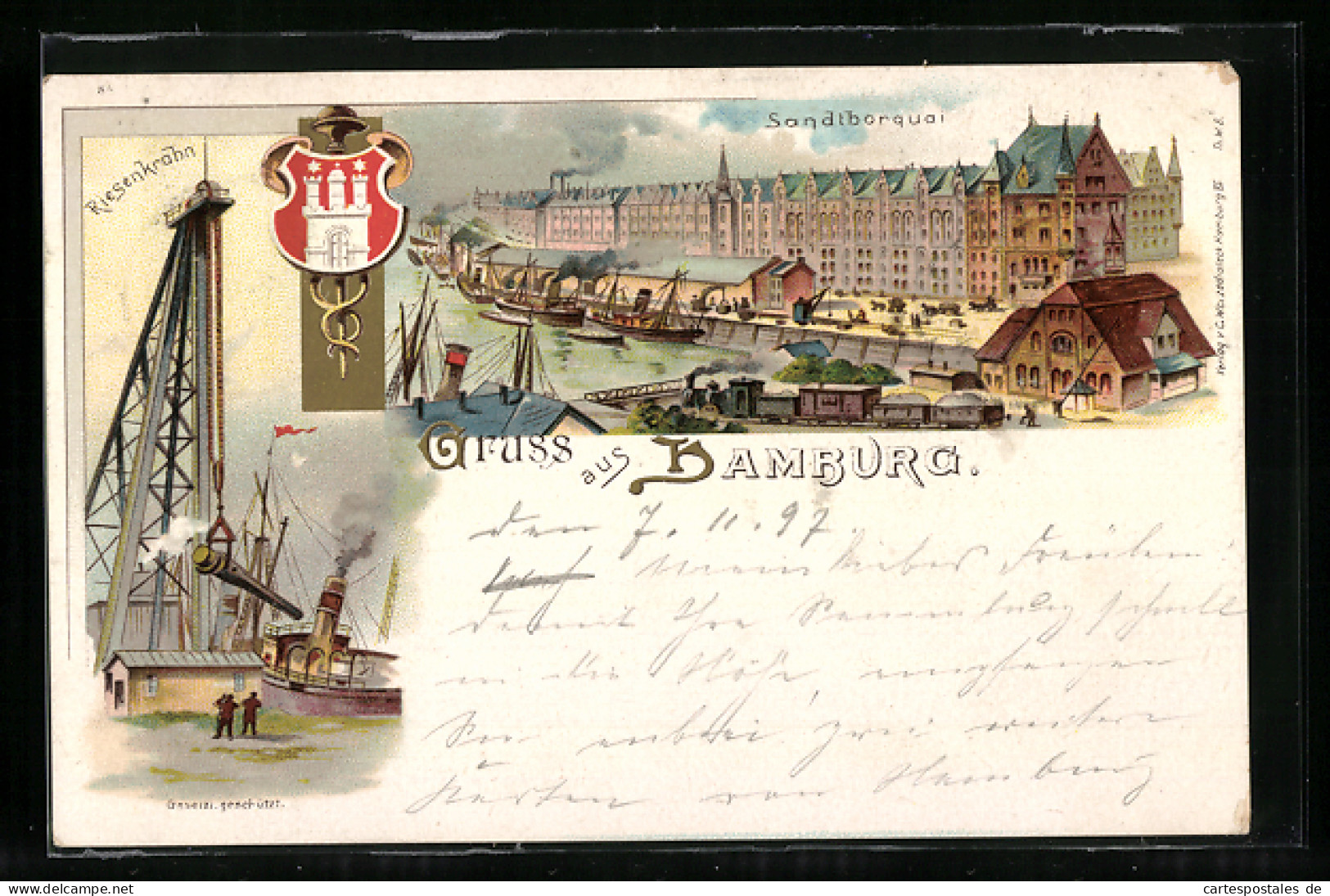 Lithographie Hamburg, Riesenkrähn, Sandthorquai, Wappen  - Mitte