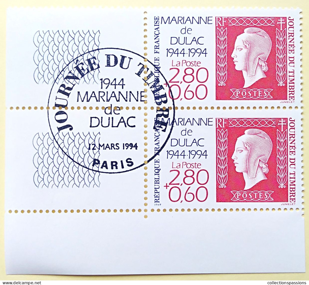 - N° 2863. Paire En Coin De Feuille. Journée Du Timbre. Marianne De Dulac. Oblitéré Premier Jour - - Used Stamps