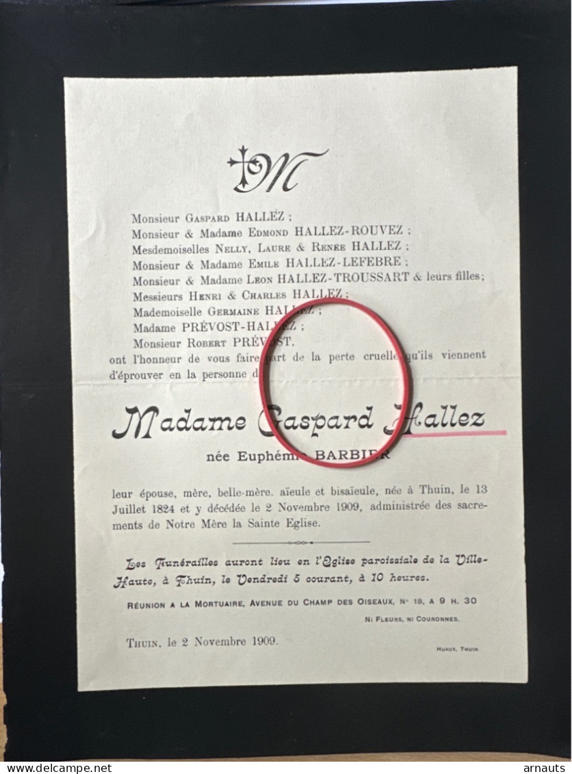 Madame Gaspard Halles Nee Barbier Euphemie *1824 Thuin +1909 Thuin Rouvez Lefebre Troussart Prevost - Obituary Notices