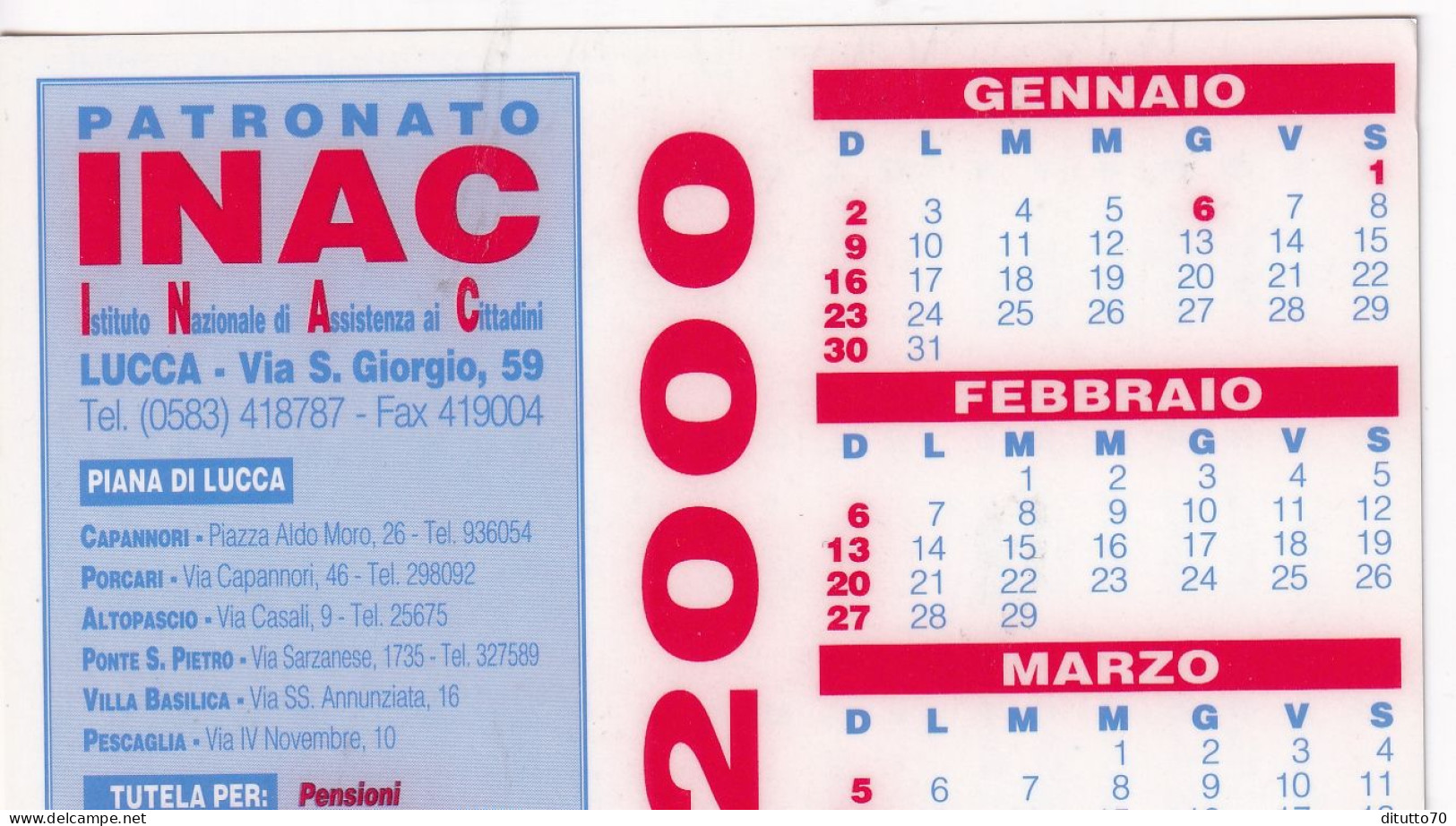 Calendarietto - Patronato INAC - Lucca - Anno 2000 - Tamaño Pequeño : 1991-00