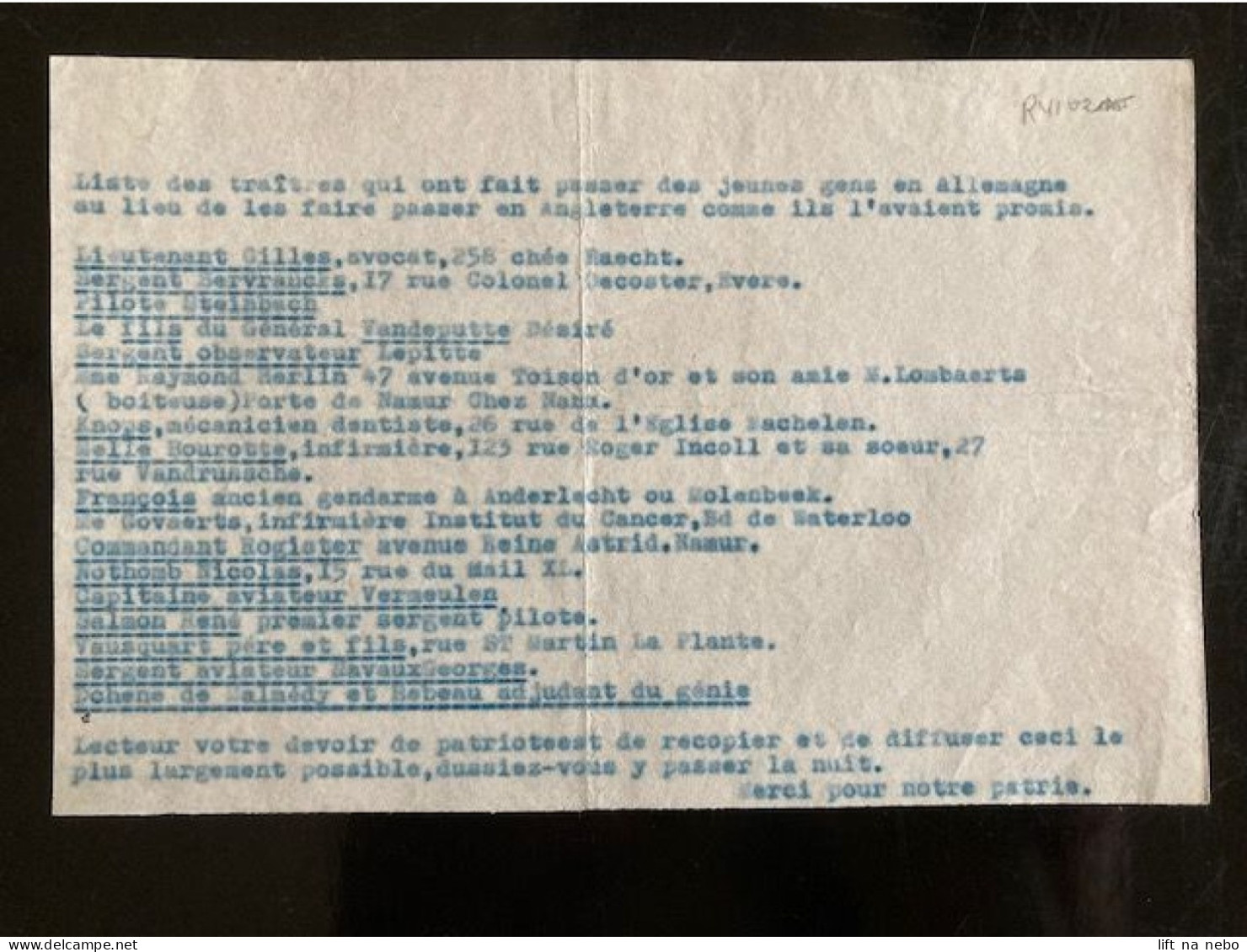 Tract Presse Clandestine Résistance Belge WWII WW2 'Liste Des Traîtres Qui Ont Fait Passer Des Jeunes Gens En Allemagne' - Documents