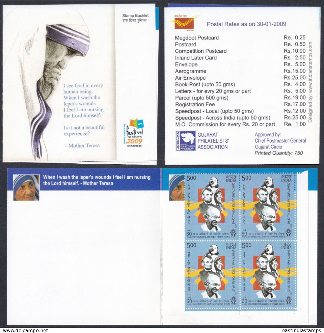 Inde India 2009 Mint Stamp Booklet Stamp Festival, Mother Teresa, Social Reformer, Leprosy Day, Christian Missionary - Autres & Non Classés