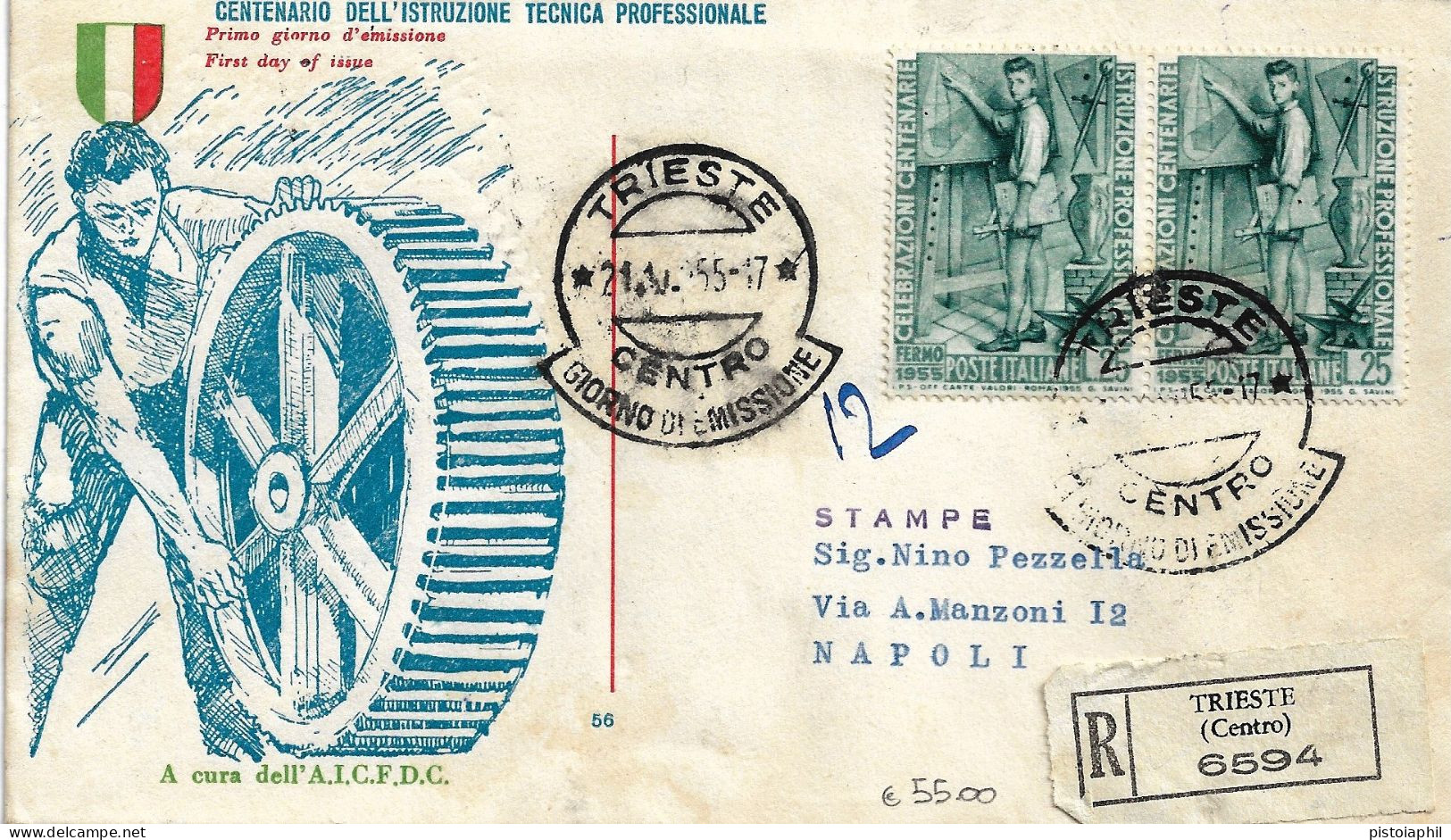 Fdc AICFDC/Italia: ISTRUZIONE TECNICA PROFESSIONALE 1955; Raccomandata; AF_Trieste - FDC