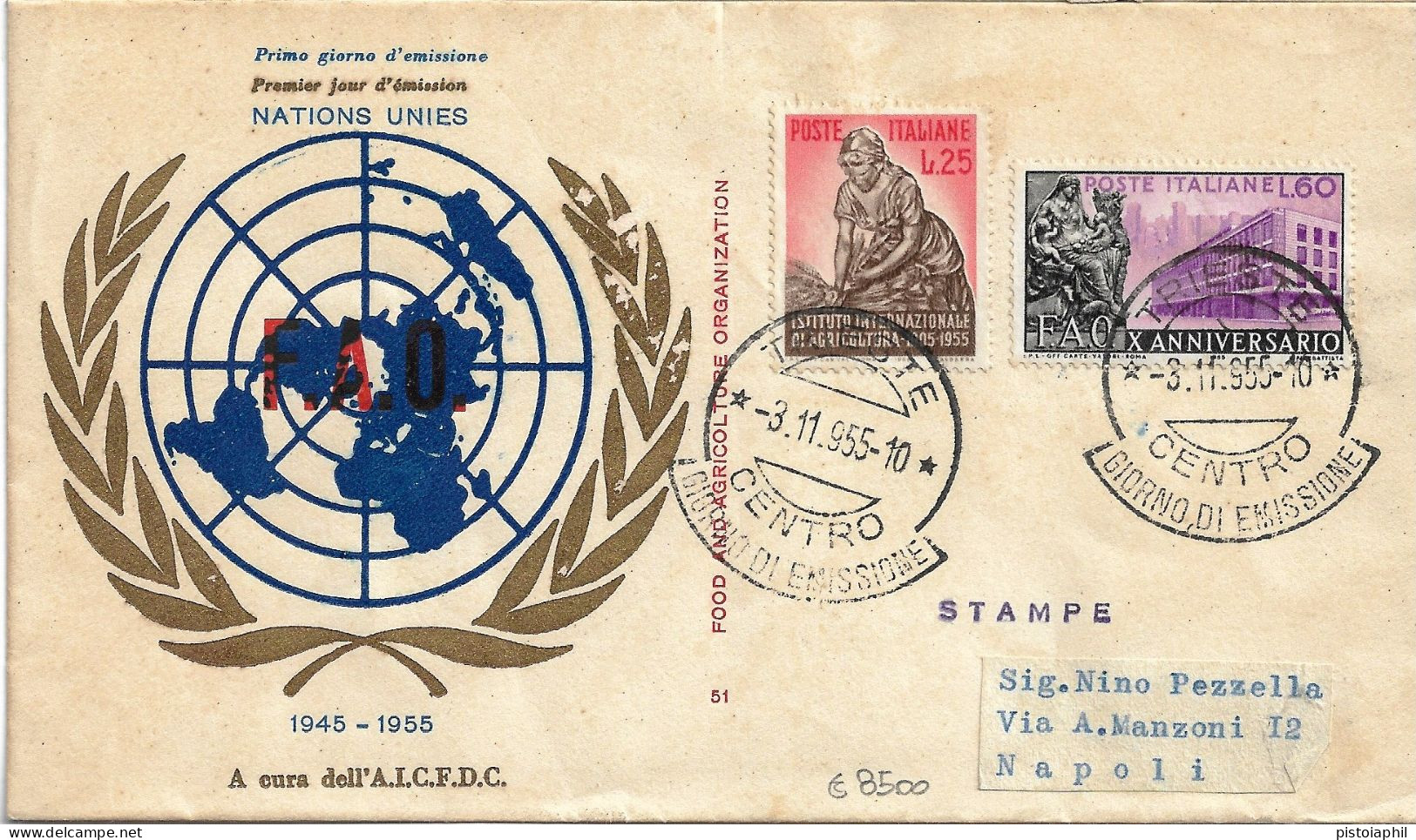 Fdc AICFDC/Italia: FAO 1955; Viaggiata; AF_Trieste - FDC