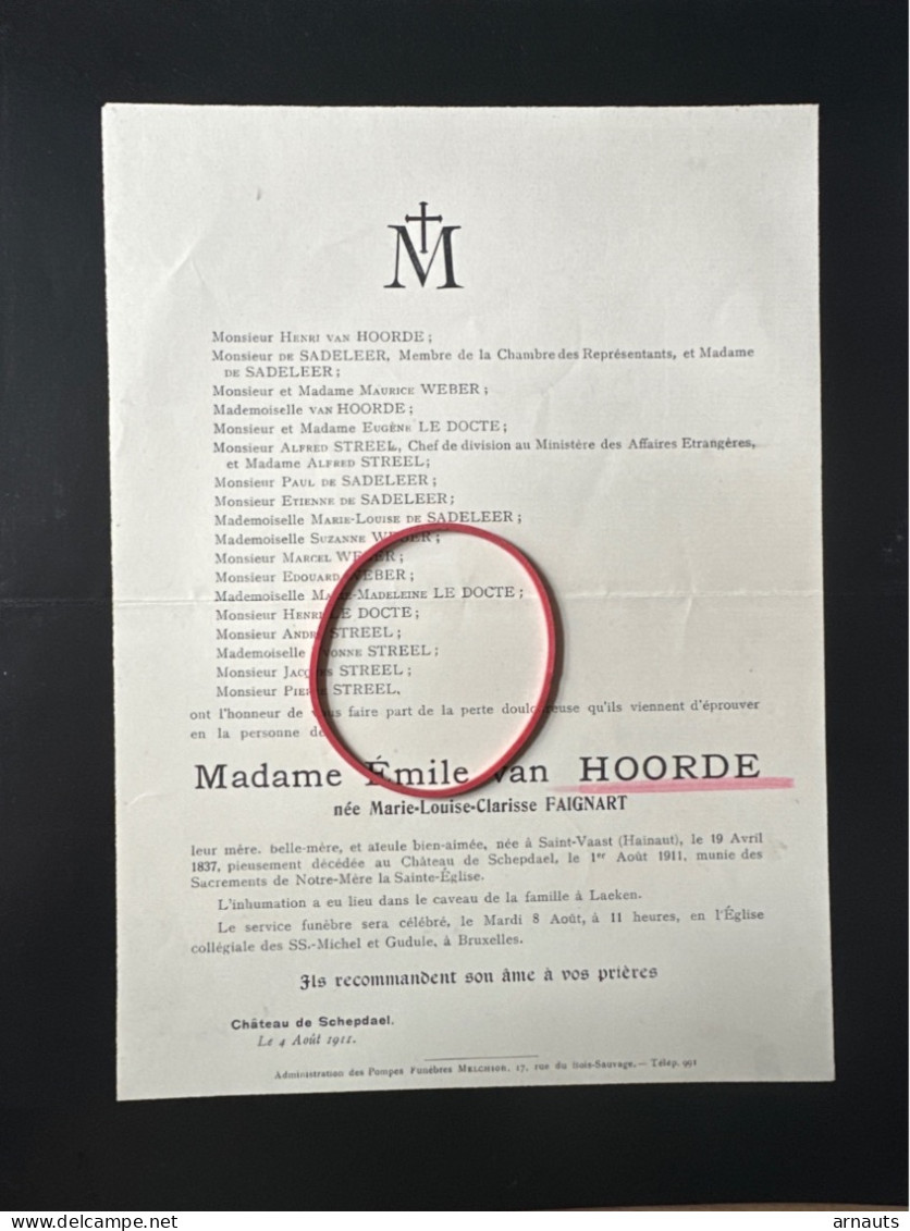 Madame Emile Van Hoorde Nee Faignart *1837 Saint-Vaast Hainaut +1911 Chateau De Schepdael Laeken Weber Le Docte Streel - Overlijden