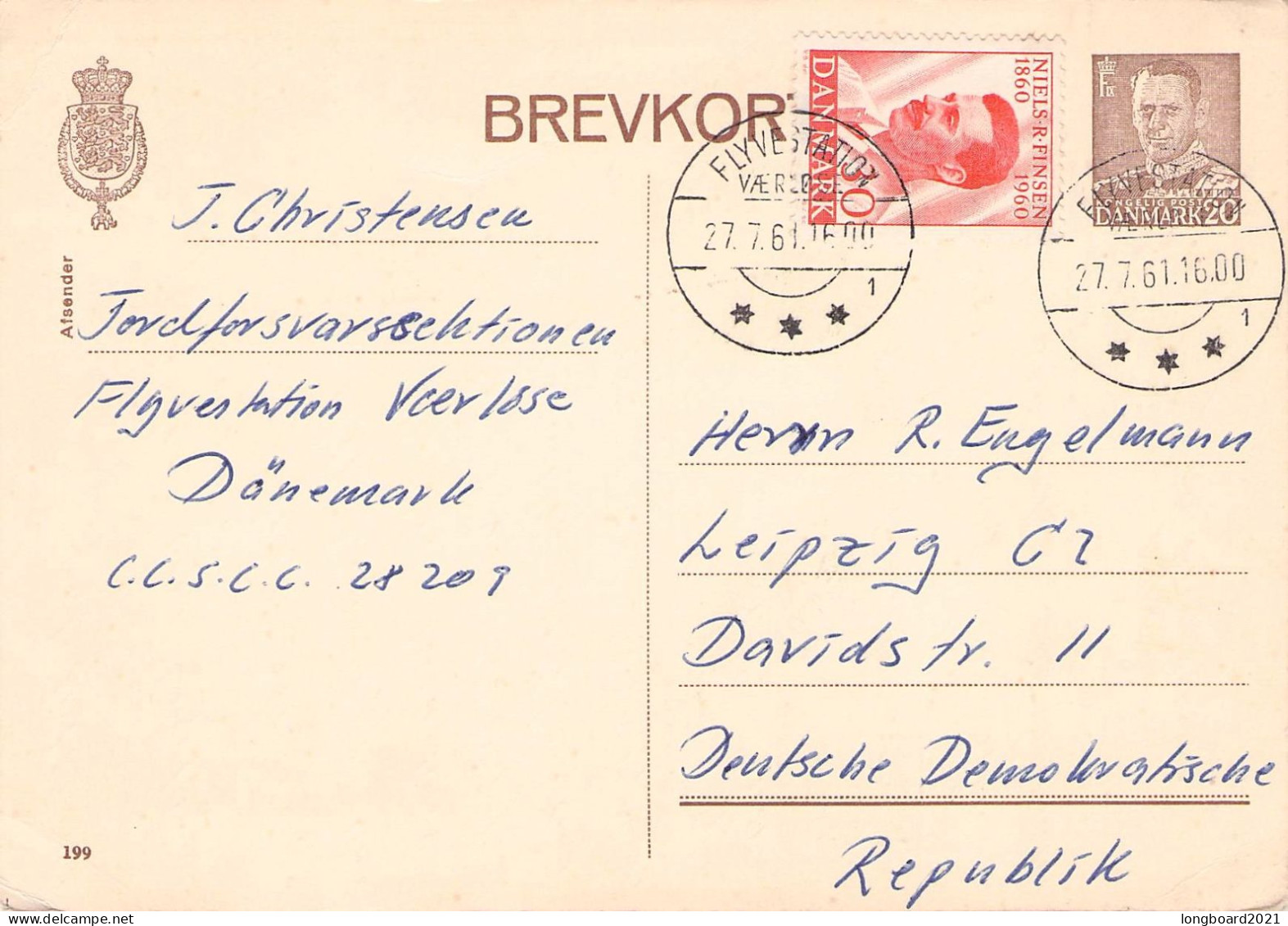 DENMARK - UPRATED BREVKORT 1961 - LEIPZIG/GDR  / 7002 - Interi Postali
