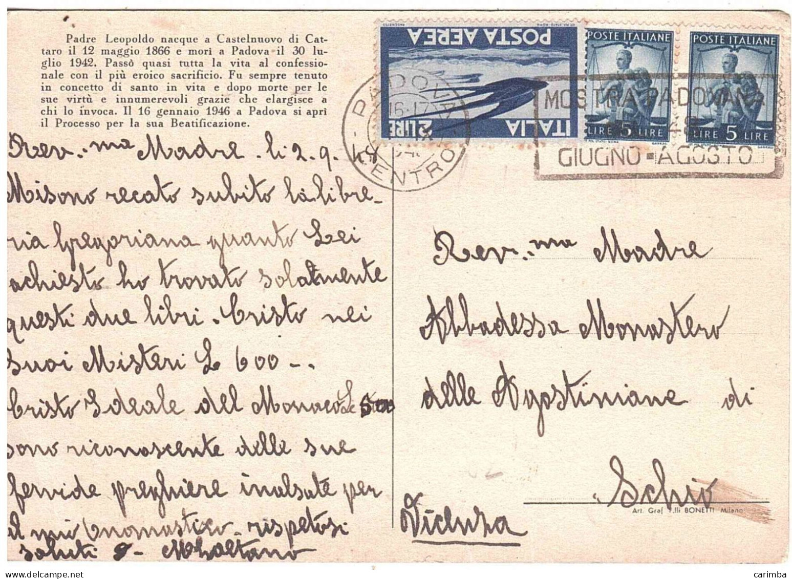 CARTOLINA PADRE LEOPOLDO CAPPUCCINO ANNULLO TARGHETTA MOSTRA PADOVANA - 1946-60: Storia Postale