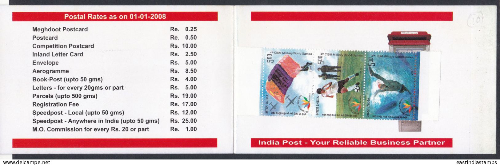 Inde India 2008 Mint Stamp Booklet Military World Games, SPort, Sports, Parachute, Aircraft, Airplane, Football Swimming - Other & Unclassified