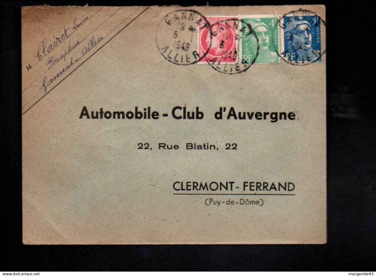 GANDON AFFRANCHISSEMENT COMPOSE SUR LETTRE DE GANNAT ALLIER 1949 - Tarifas Postales