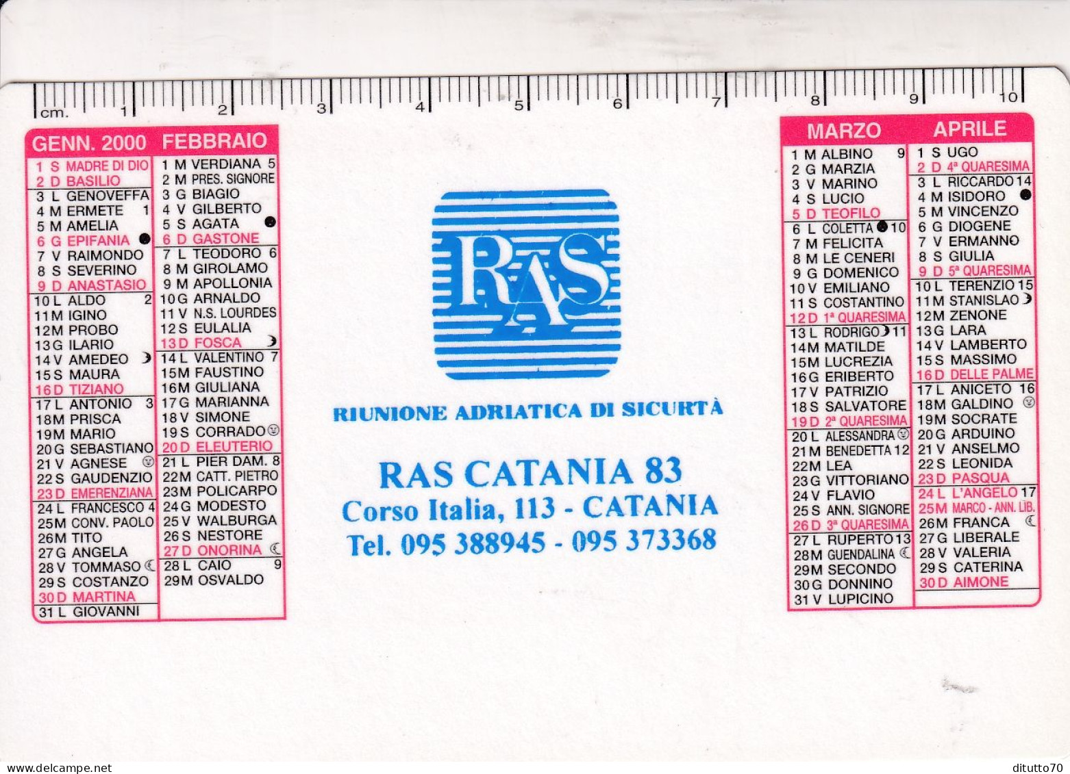 Calendarietto - RAS - Riunione Adriatica Di Sicurta - Catania - Anno 2000 - Petit Format : 1991-00