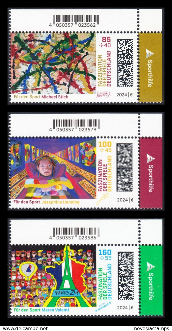 !a! GERMANY 2024 Mi. 3825-3827 MNH SET Of 3 SINGLES From Upper Right Corners - Olympic Games 2024, Paris - Neufs
