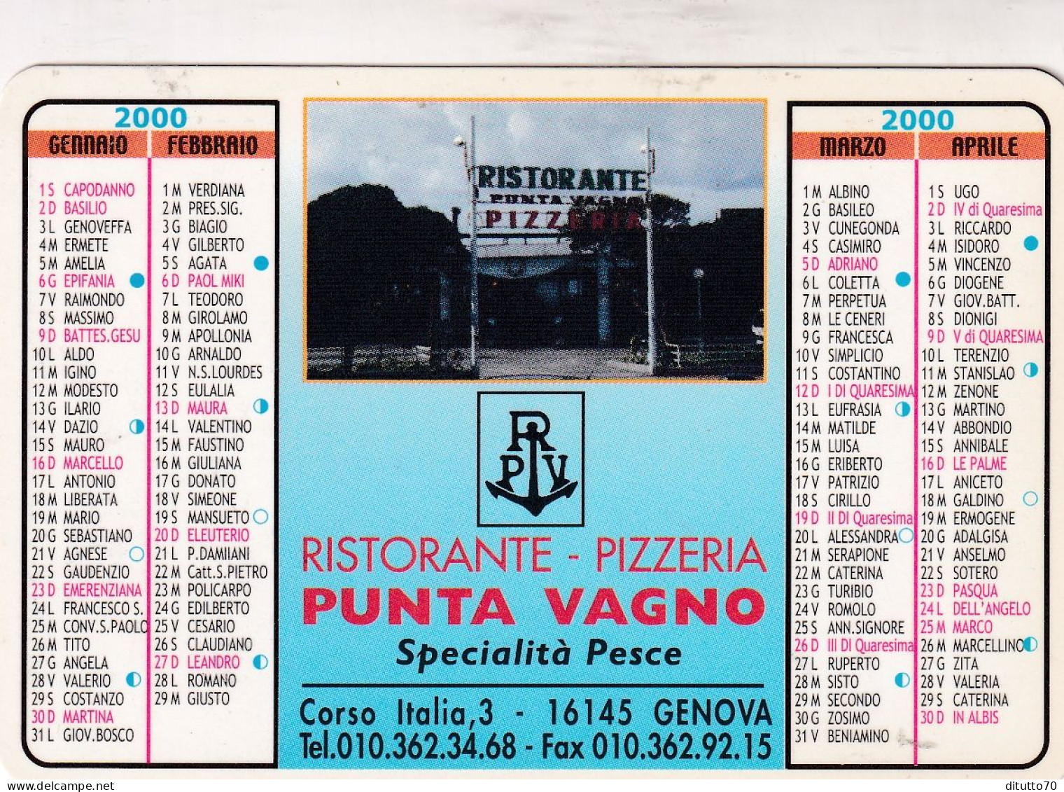 Calendarietto - Ristorante - Pizzeria - Punta Vagno - Genova - Anno 2000 - Kleinformat : 1991-00