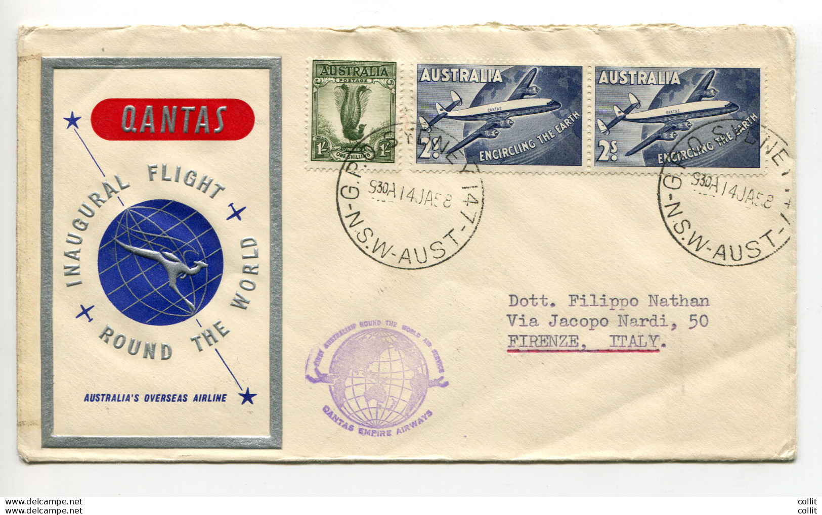 Quantas Sydney/Roma Del 14.1.58 - Aerogramma Per Firenze - Airmail