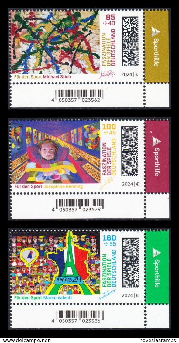 !a! GERMANY 2024 Mi. 3825-3827 MNH SET Of 3 SINGLES From Lower Right Corners - Olympic Games 2024, Paris - Unused Stamps