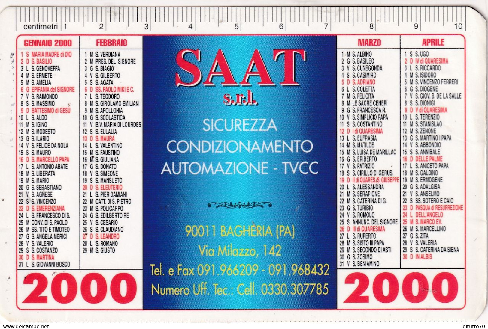 Calendarietto - SAAT - Bagheria - Palermo - Anno 2000 - Tamaño Pequeño : 1991-00