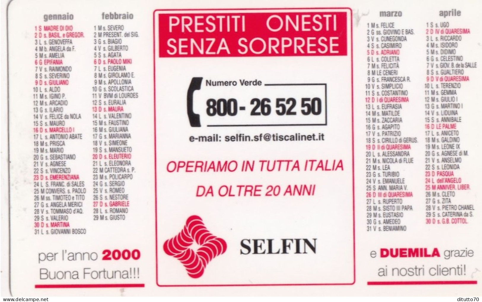 Calendarietto - Selfin - Milano - Anno 2000 - Klein Formaat: 1991-00