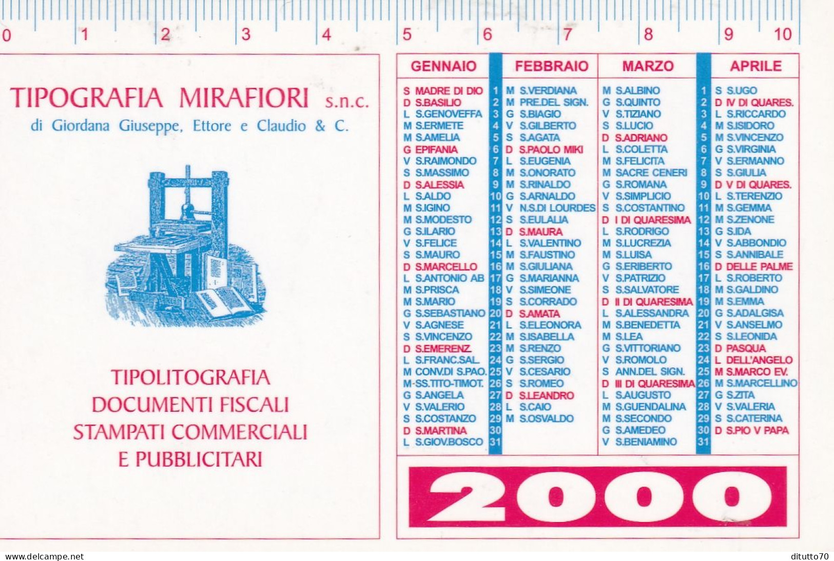 Calendarietto - Tipografia Mirafiori - Torino  - Anno 2000 - Tamaño Pequeño : 1991-00