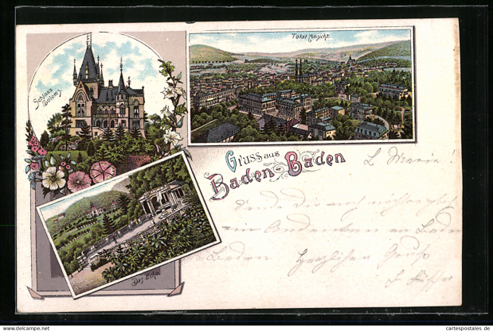 Lithographie Baden-Baden, Totalansicht, Schloss Soloms, Das Echo  - Baden-Baden