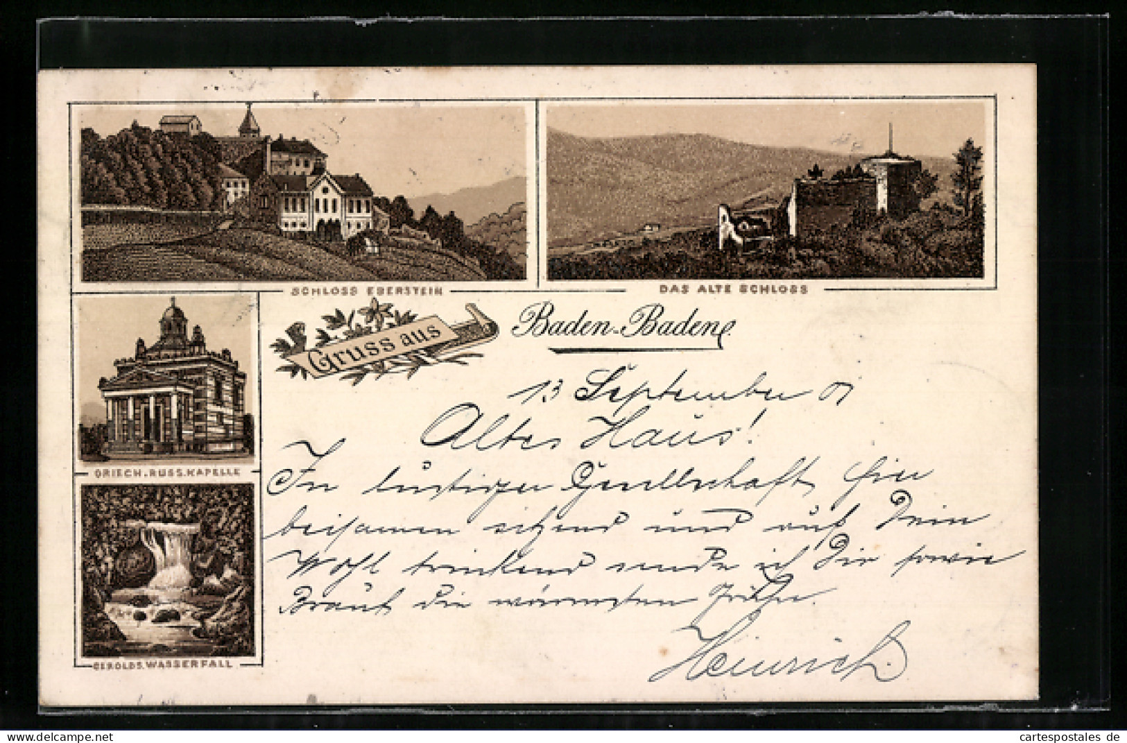 Lithographie Baden-Baden, Schloss Eberstein, Das Alte Schloss, Gerolds. Wasserfall  - Baden-Baden
