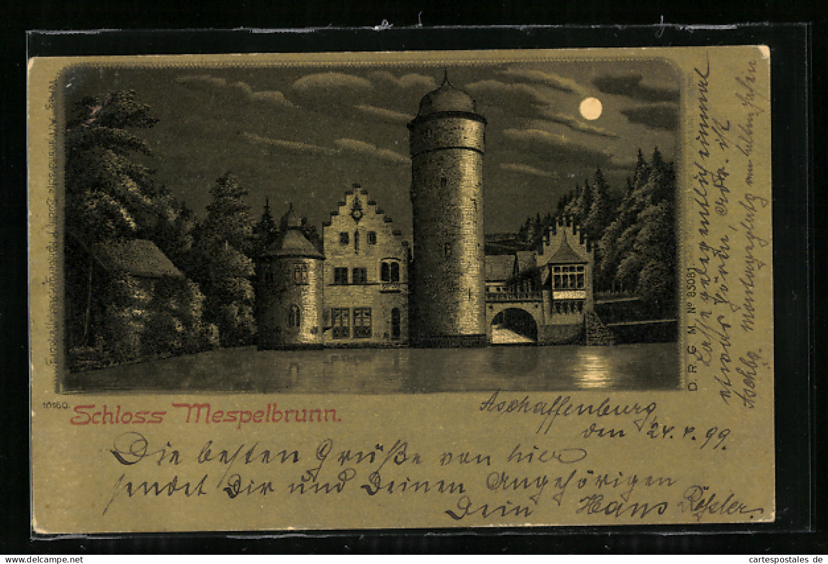 Mondschein-Lithographie Mespelbrunn, Uferpartie Mit Turm  - Autres & Non Classés