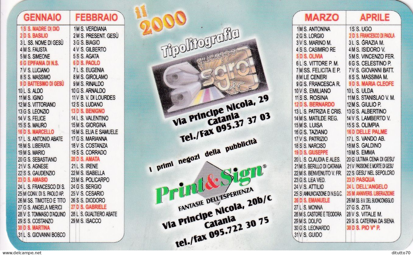 Calendarietto - Tipolitografia Sgro - Catania - Anno 2000 - Kleinformat : 1991-00