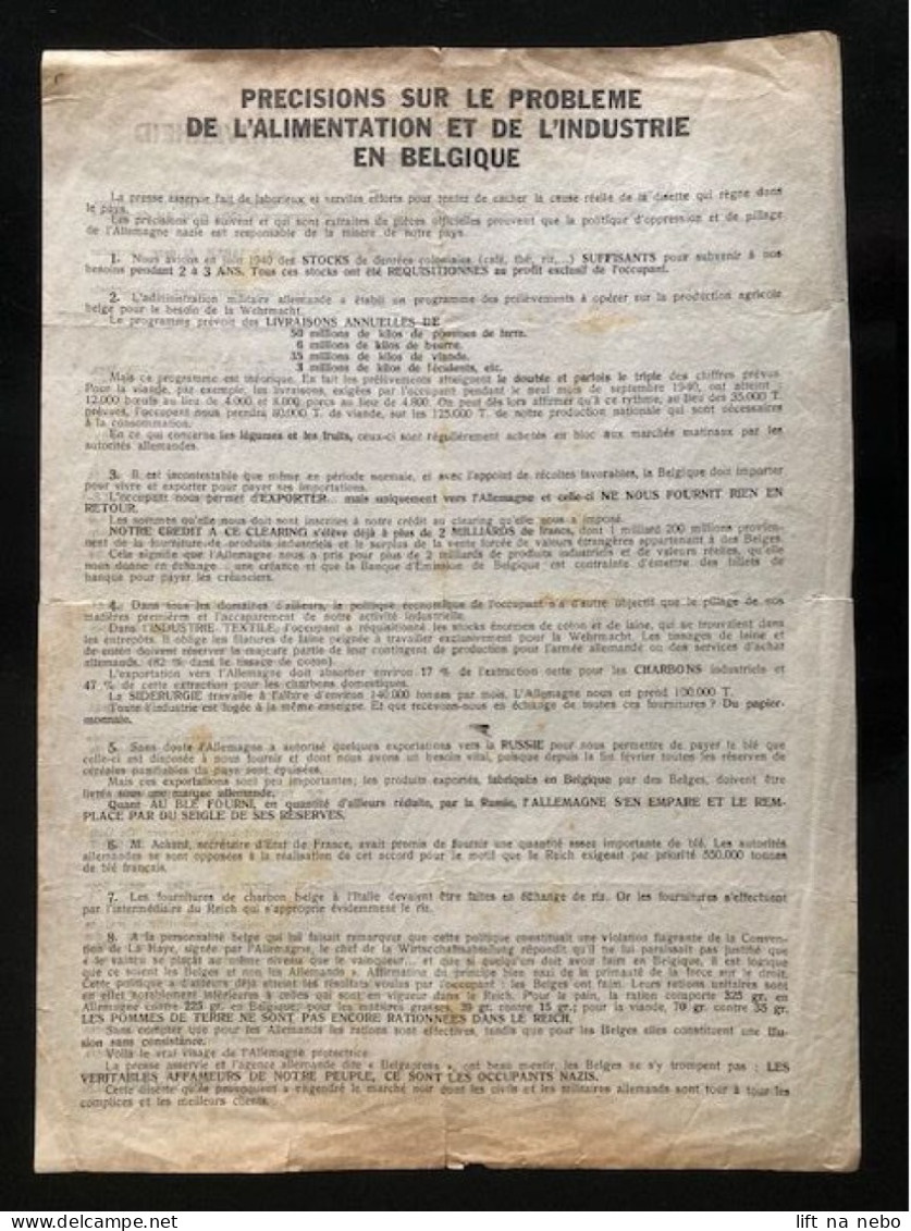 Tract Presse Clandestine Résistance Belge WWII WW2 'Precisions Sur Le Probleme De L'alimentation...' 2 Pages On 1 Sheet - Documents