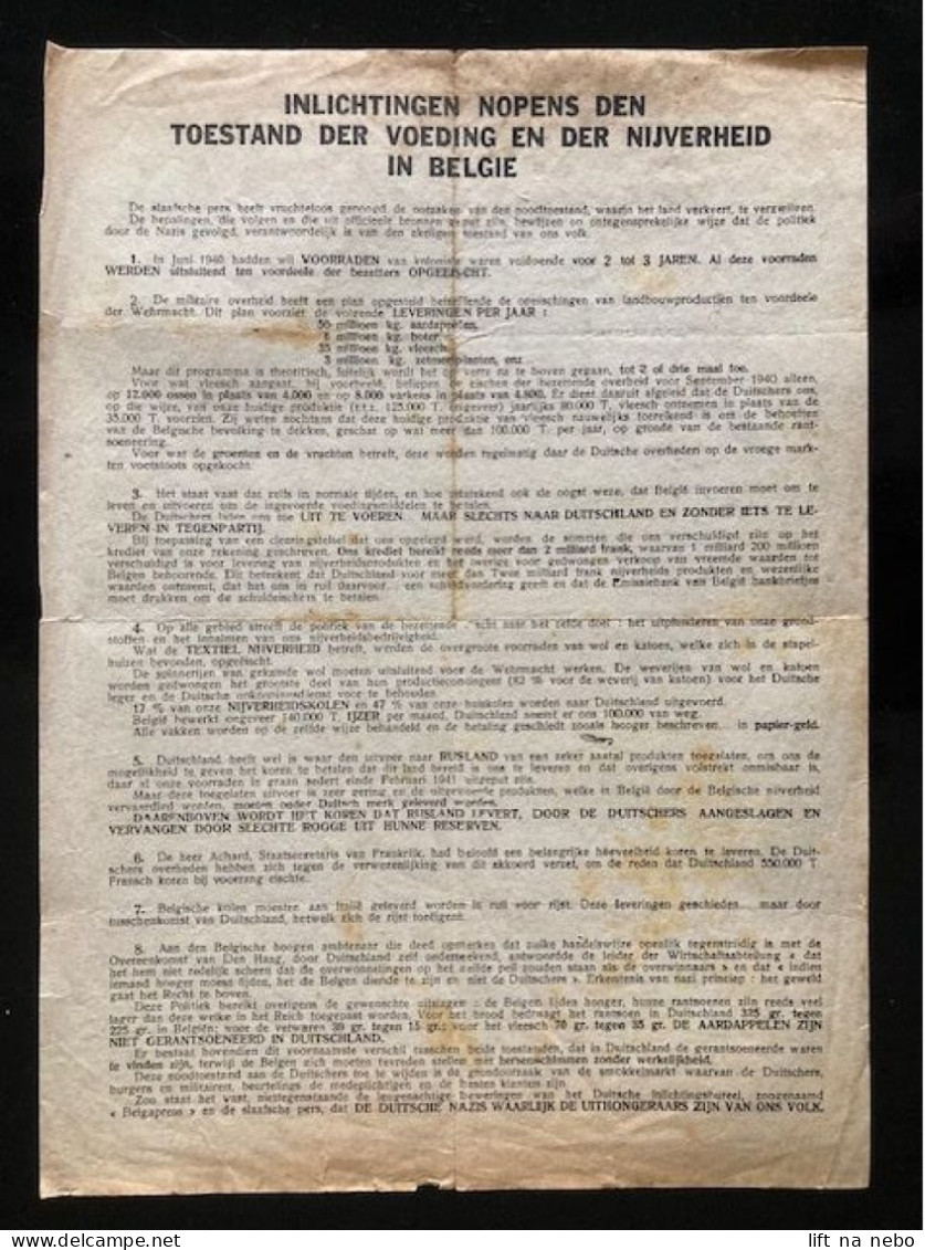 Tract Presse Clandestine Résistance Belge WWII WW2 'Precisions Sur Le Probleme De L'alimentation...' 2 Pages On 1 Sheet - Documents