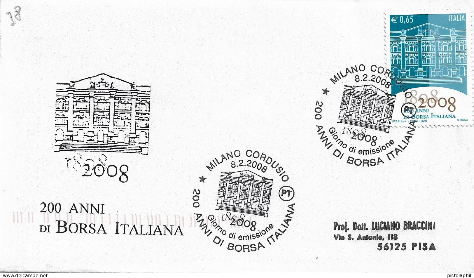 Fdc Ditta Ignota: BORSA ITALIANA  (2008); No Viaggiata; Annullo Speciale Milano Cordusio - FDC