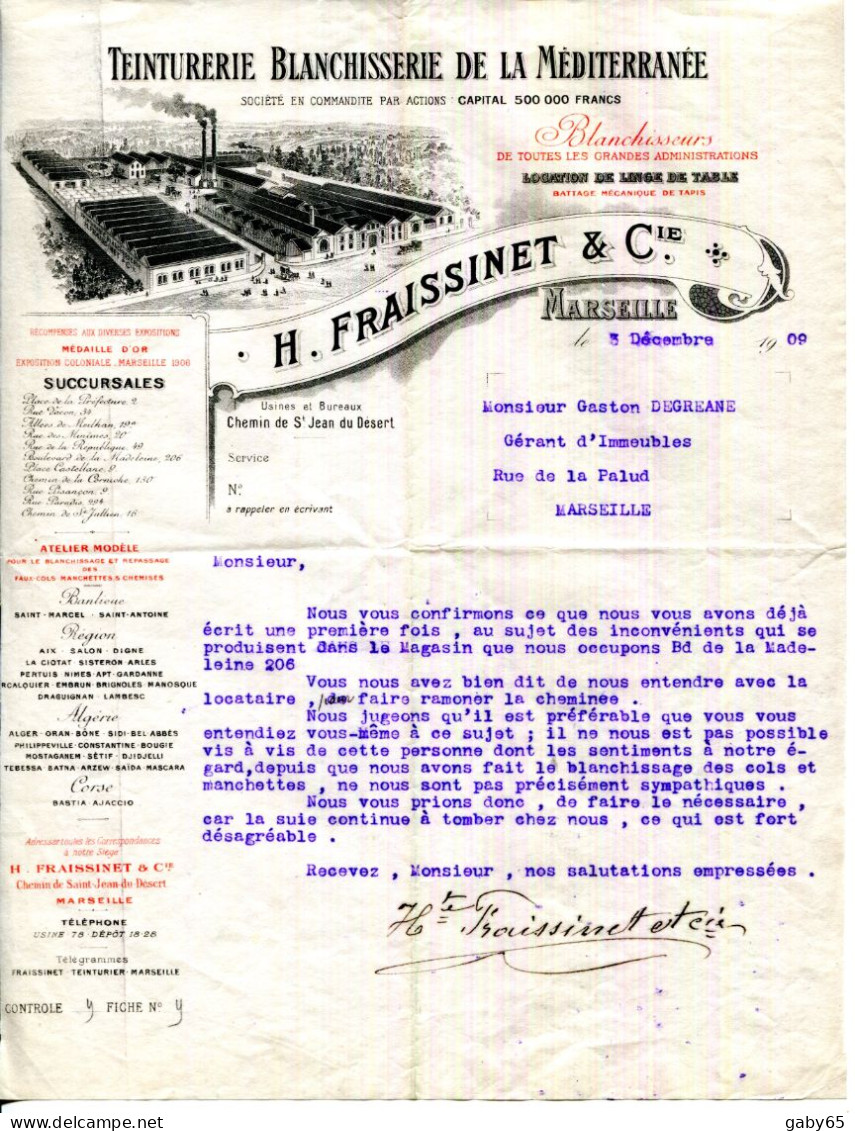 FACTURE.MARSEILLE.TEINTURERIE BLANCHISSERIE DE LA MÉDITERRANÉE.H.FRAISSINET & Cie.CHEMIN DE SAINT JEAN DU DÉSERT. - Otros & Sin Clasificación