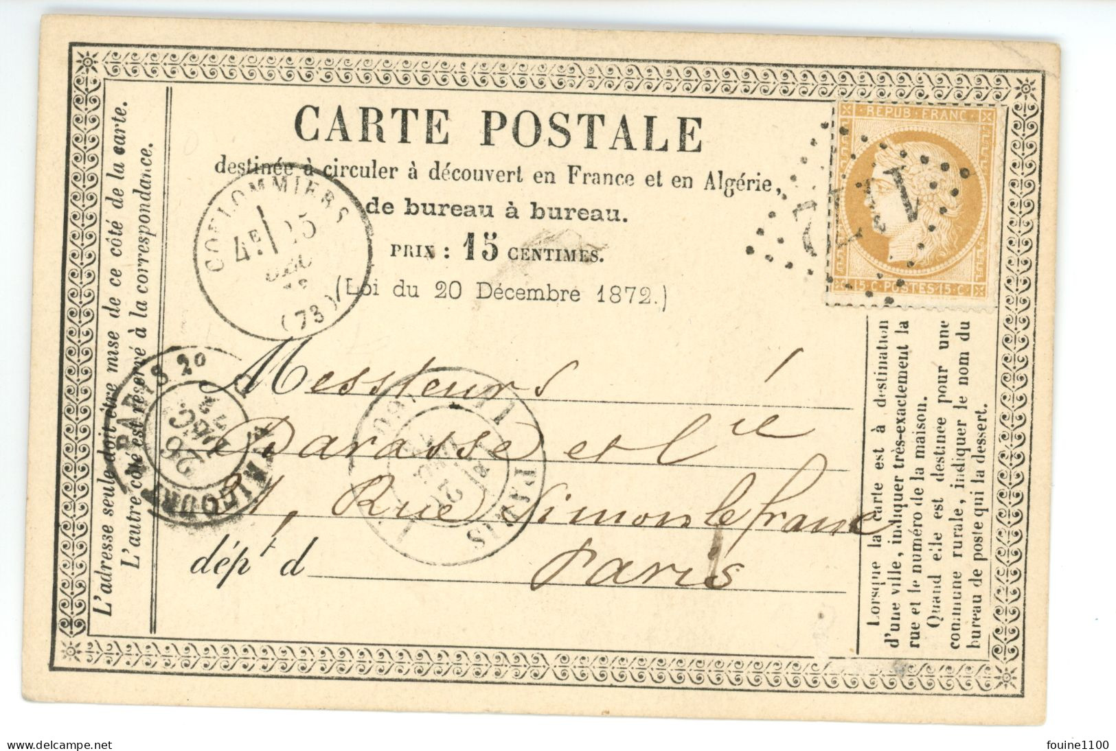 CARTE PRECURSEUR Envoi De La Pharmacie Ch. Boulanger à COULOMMIERS 77 Pour Darasse Et Cie Rue Simon Lefranc à PARIS - 1849-1876: Klassik
