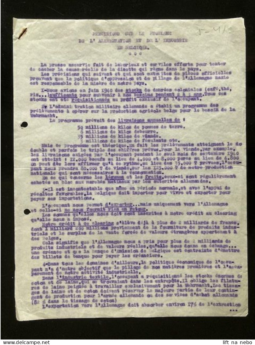 Tract Presse Clandestine Résistance Belge WWII WW2 'Precisions Sur Le Probleme De L'alimentation...' 2 Pages - Documenti