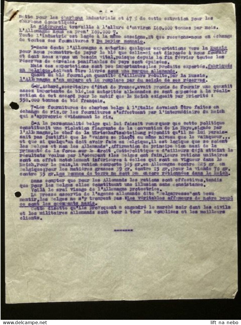 Tract Presse Clandestine Résistance Belge WWII WW2 'Precisions Sur Le Probleme De L'alimentation...' 2 Pages - Documents