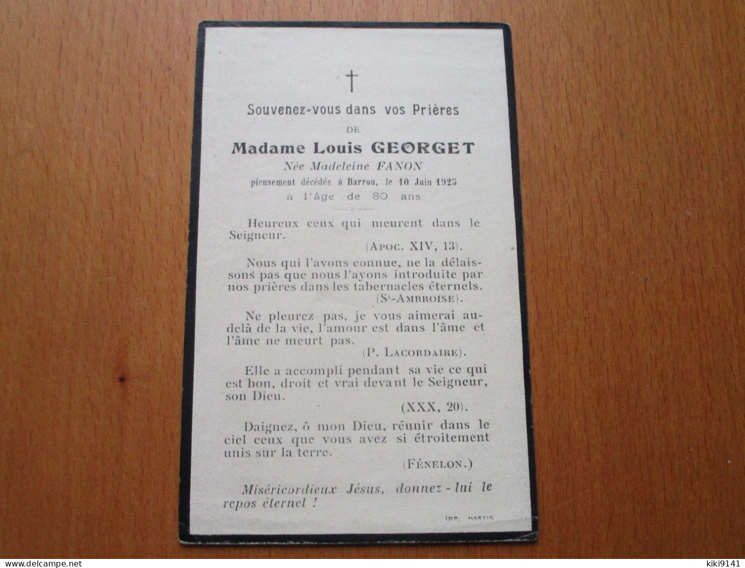 BARROU - Souvenez-vous Dans Vos Prières De Madame Louis GEORGET, Née Madeleine FANON - Autres & Non Classés