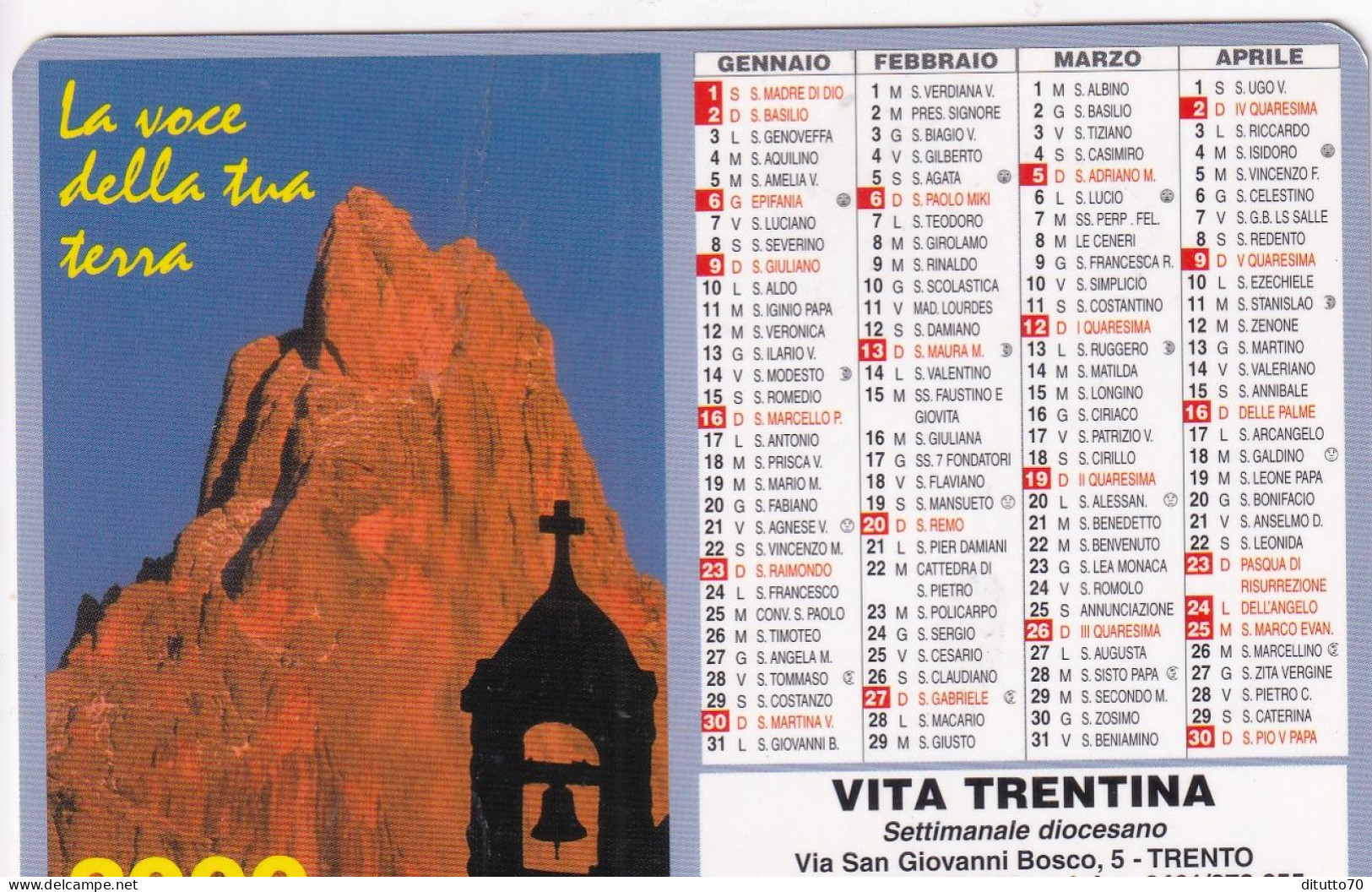 Calendarietto - Vita Trentina - Settimanale Diocesano - Trento - Anno 2000 - Kleinformat : 1991-00