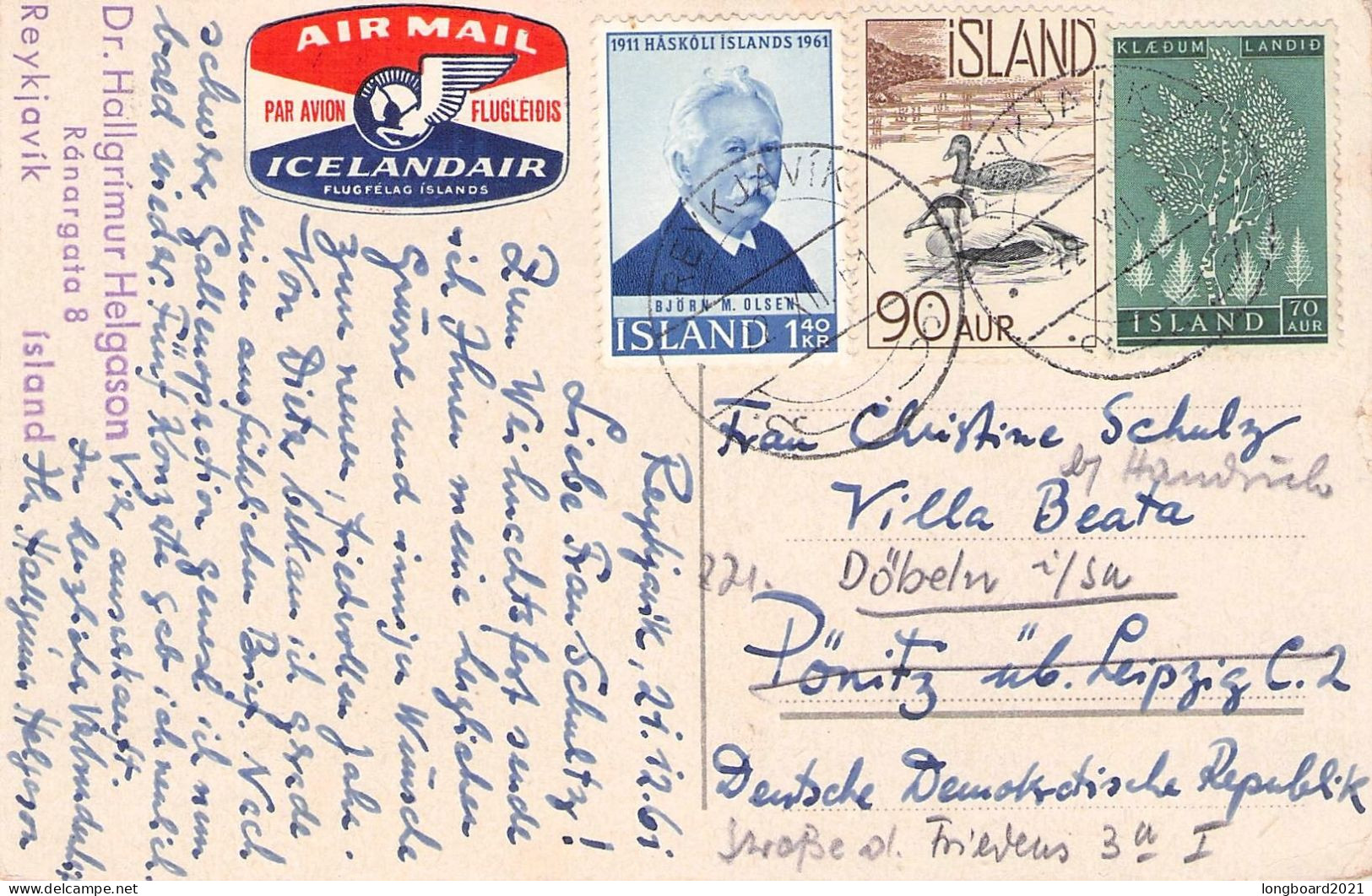 ICELAND - AIRMAIL POSTCARD 1961 - DÖBELN/GDR  / 7010 - Storia Postale