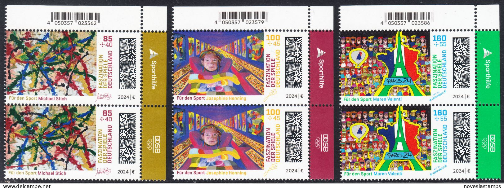 !a! GERMANY 2024 Mi. 3825-3827 MNH SET Of 3 Vert.PAIRS From Upper Right Corners - Olympic Games 2024, Paris - Neufs
