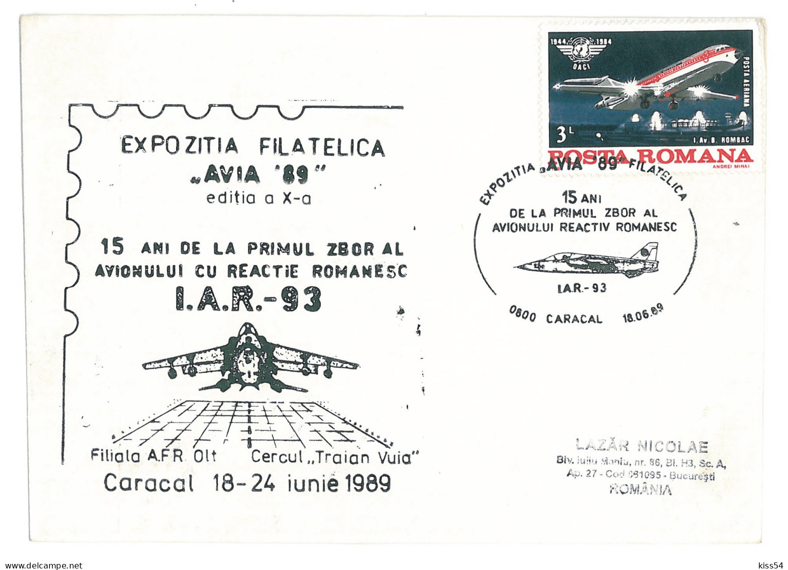 COV 67 - 330 AIRPLANE, Romania - Cover - Used - 1989 - Lettres & Documents