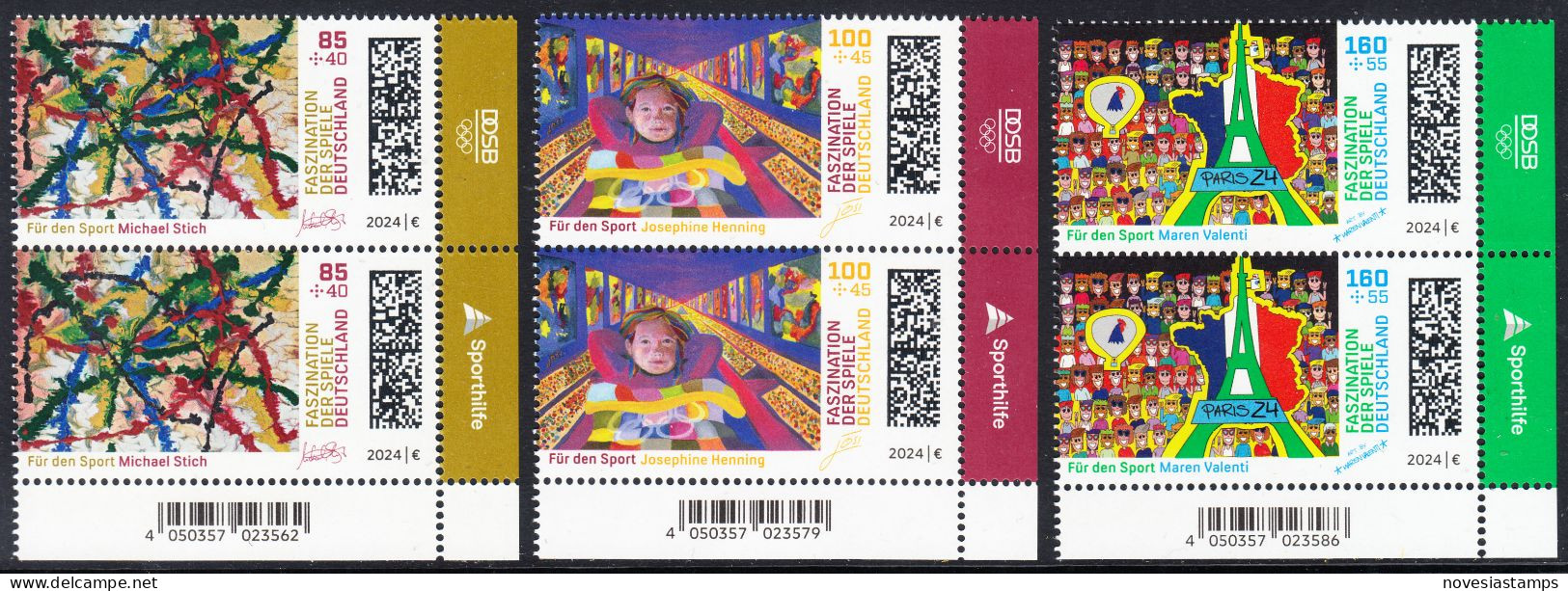 !a! GERMANY 2024 Mi. 3825-3827 MNH SET Of 3 Vert.PAIRS From Lower Right Corners - Olympic Games 2024, Paris - Ongebruikt