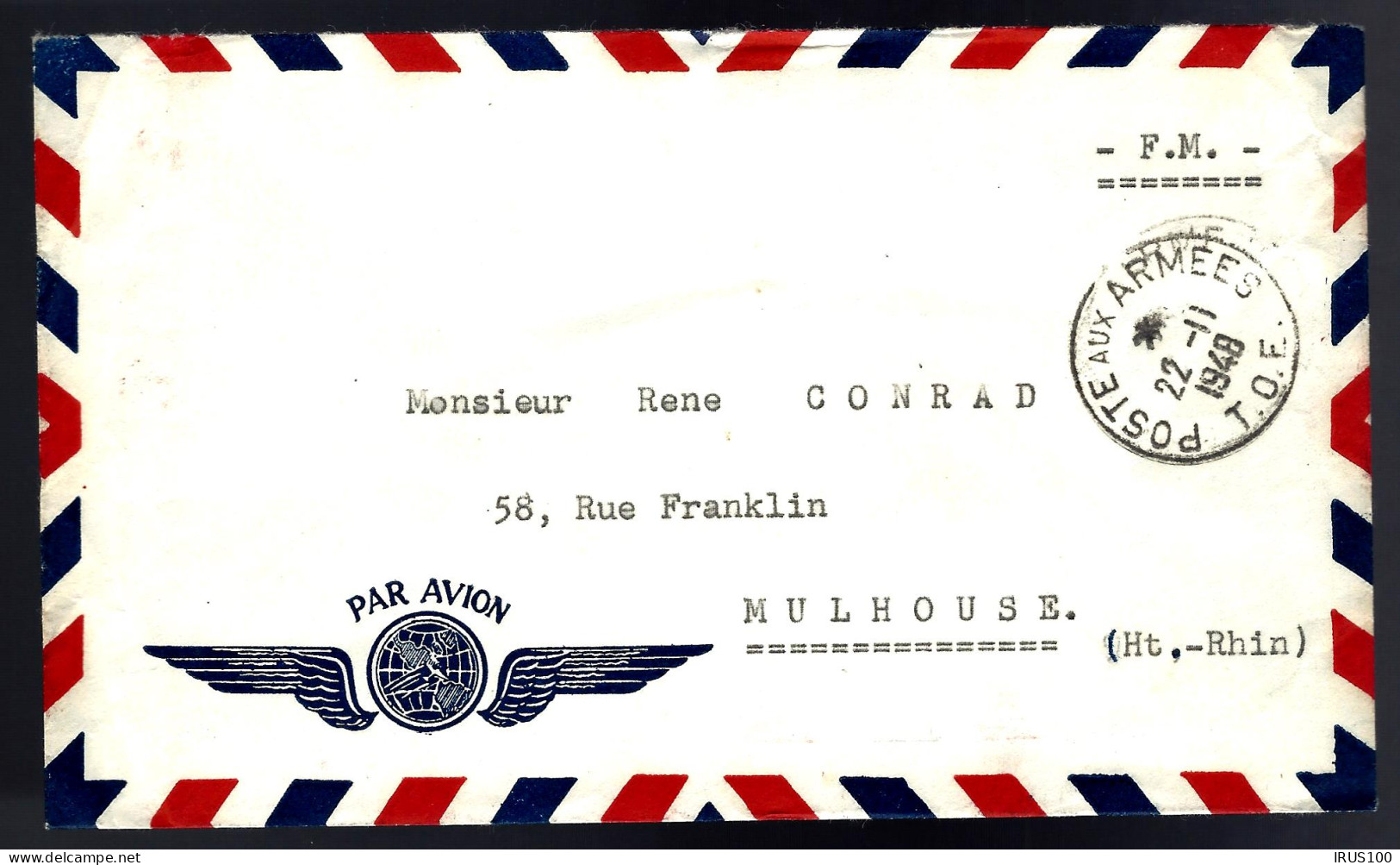 POSTE AUX ARMÉES - 1948 - T.O.E - PAR AVION - POUR MULHOUDE - Sellos Militares Desde 1900 (fuera De La Guerra)