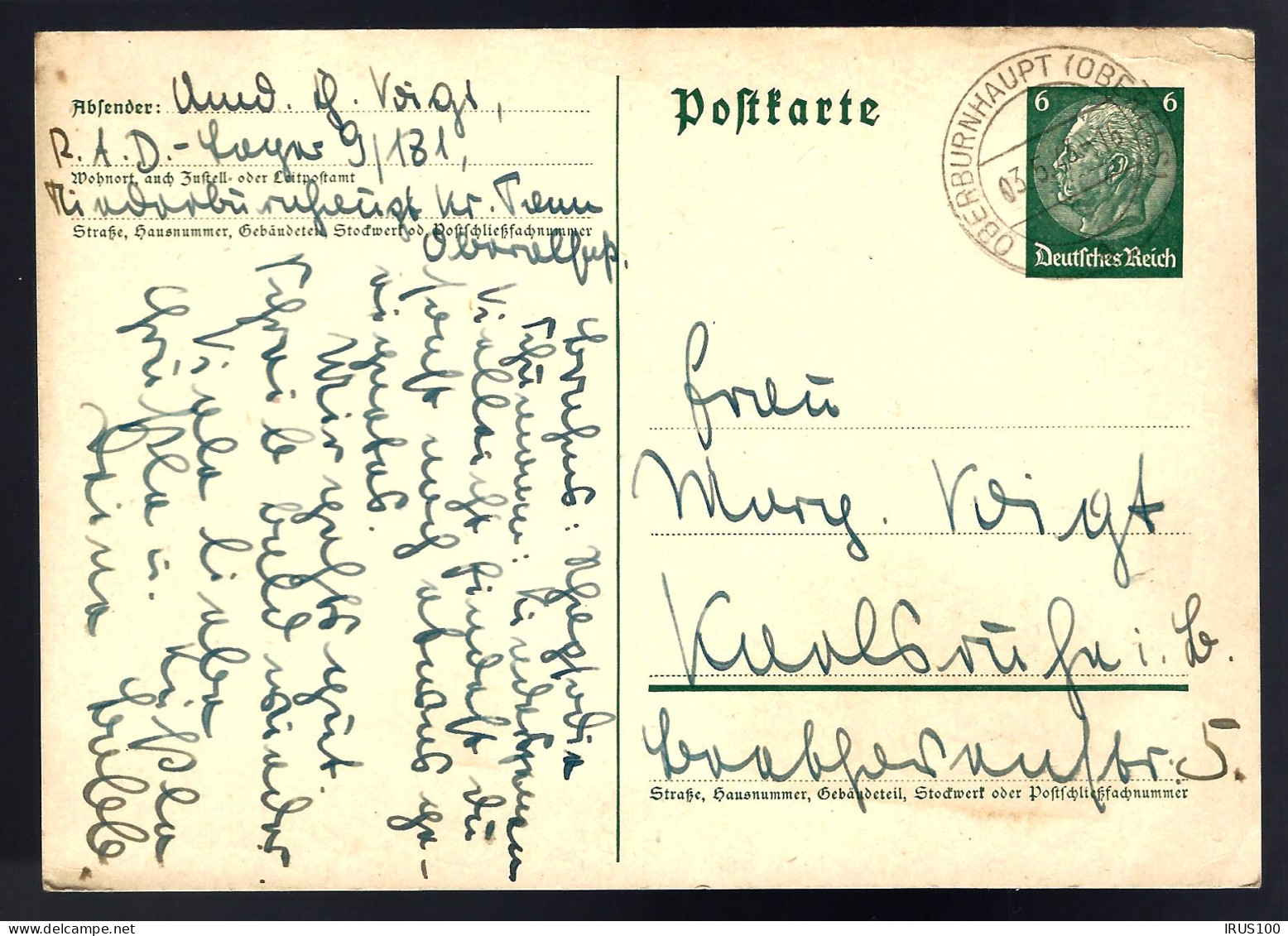 ENTIER POSTAL - GANZSACHE - 6Pf HINDENBURG - OBERBÜRNHAUPT OBERELSASS - Briefe U. Dokumente