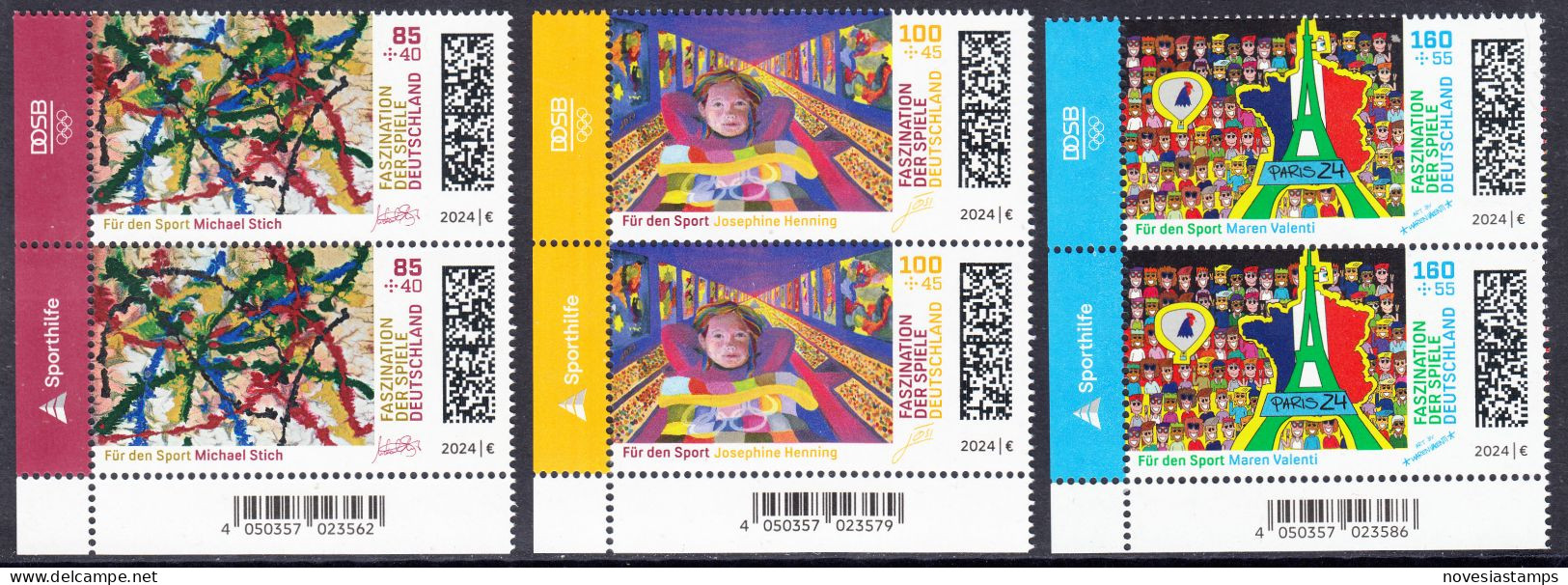 !a! GERMANY 2024 Mi. 3825-3827 MNH SET Of 3 Vert.PAIRS From Lower Left Corners - Olympic Games 2024, Paris - Neufs