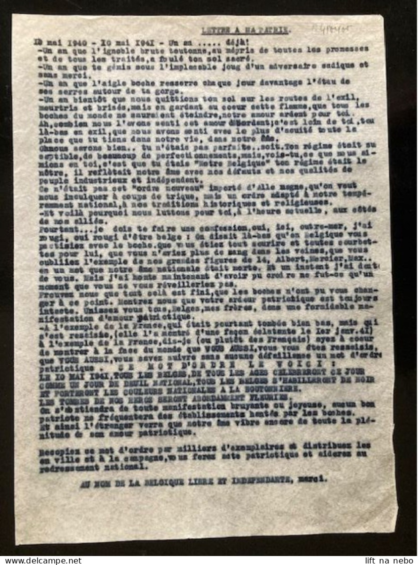 Tract Presse Clandestine Résistance Belge WWII WW2 'Lettre à Ma Patrie' (10 Mai 1940 - 10 Mai 1941 - Un An ... Déjà!...) - Documents