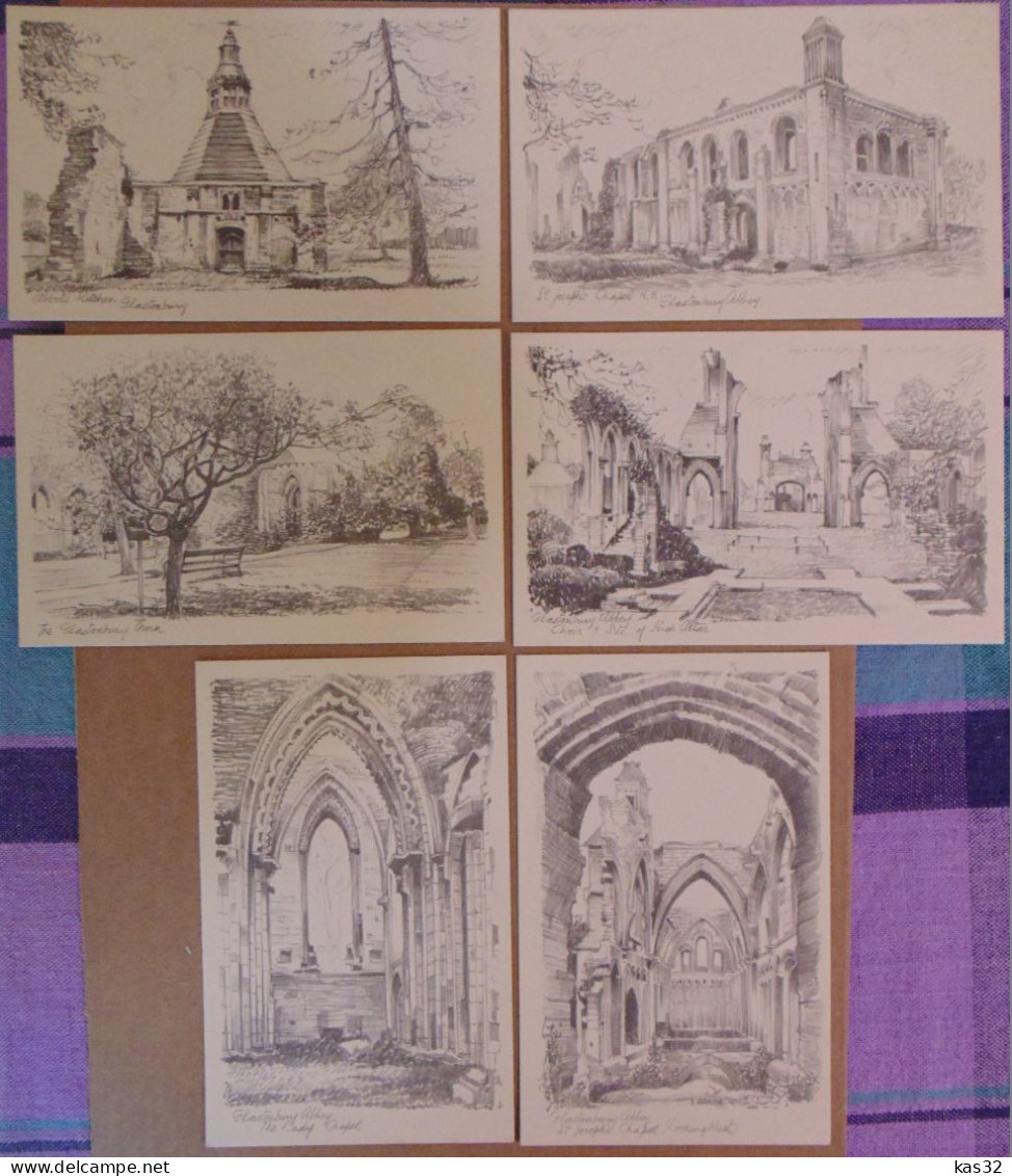 UK, GLASTONBURY, Set From 6 Postcards In Original Case, Pencil Sketch - Colecciones Y Lotes