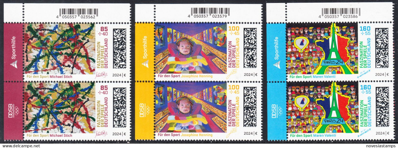 !a! GERMANY 2024 Mi. 3825-3827 MNH SET Of 3 Vert.PAIRS From Upper Left Corners - Olympic Games 2024, Paris - Neufs